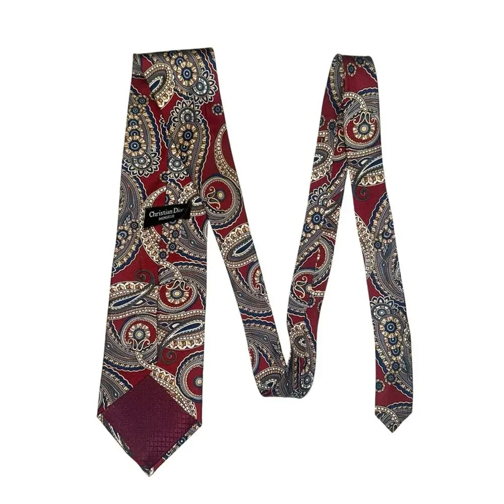 Christian Dior Monsieur Paisley Print Navy Red Silk Vintage Tie